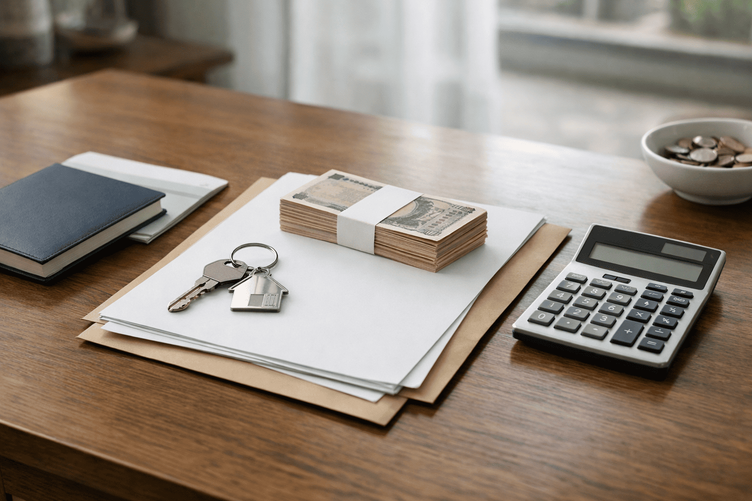 住宅購入の資金計画を考えるために、鍵や封筒、書類、電卓が静かに並べられた日本の室内テーブルのイメージ