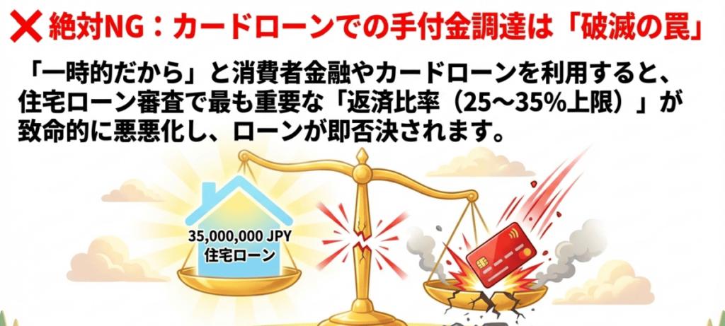 カードローンで「返済比率（DTI）」の悪化が命取りになるイメージ