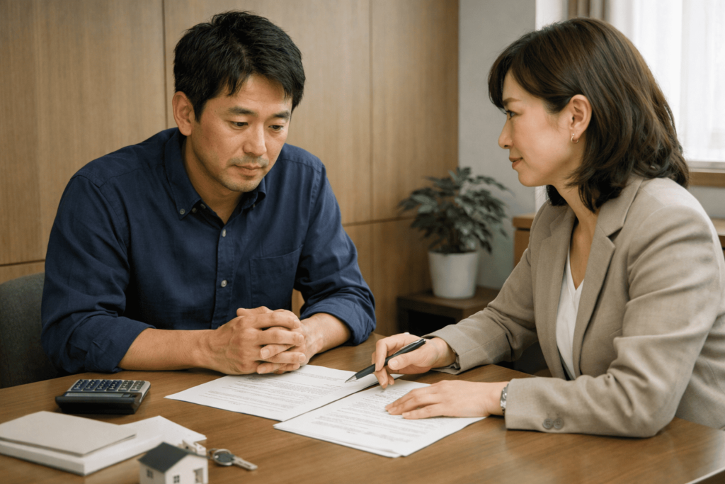 フルローンと手付金のタイミングの違いについて、日本人男性が女性担当者と相談している不動産相談シーン