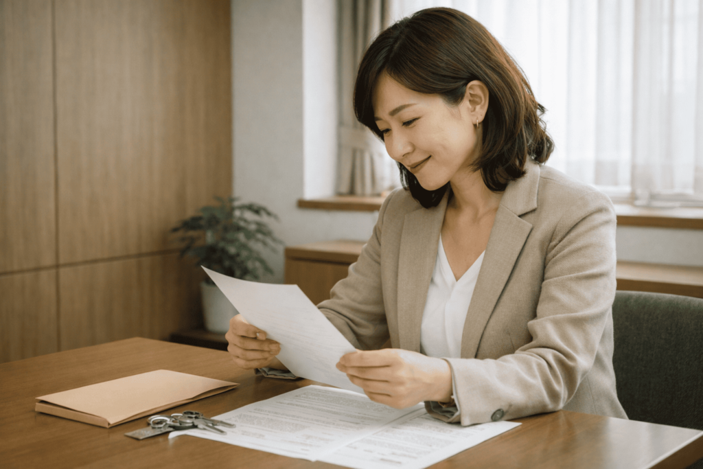手付金の精算の仕組みを理解し、書類と鍵を前に落ち着いて確認する日本人女性のシーン