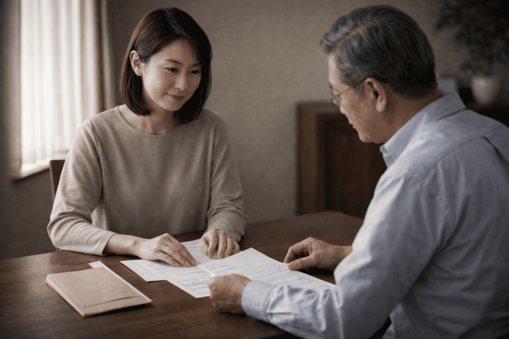 親族間で一時的な資金貸借について、書類を確認しながら丁寧に相談する日本人女性と年配男性のシーン