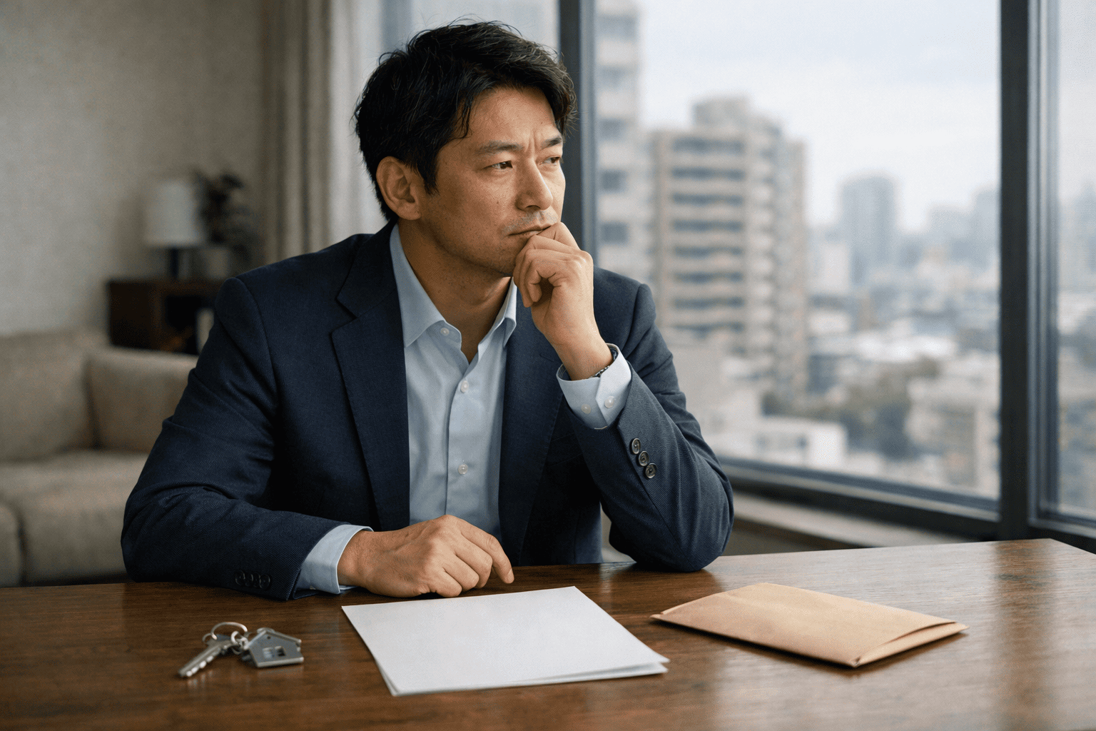 投資用マンションを検討する日本人男性会社員が、資料と鍵を前に慎重に考えている様子