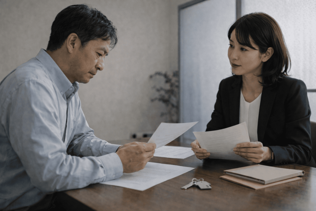 投資用マンションの出口戦略について専門家と相談する日本人男性オーナー