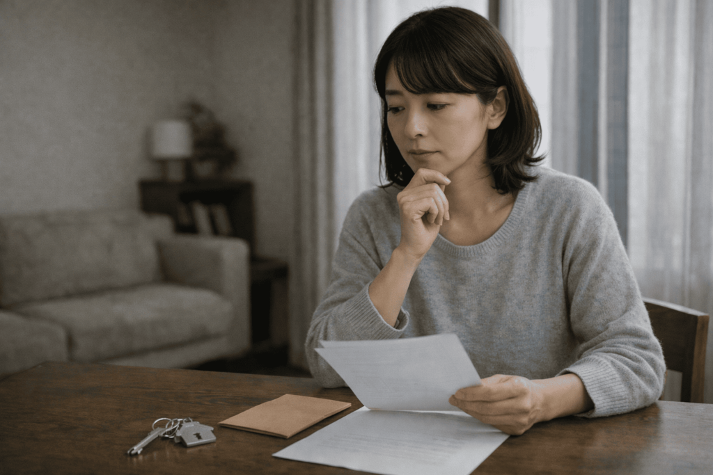 将来の備えとして投資用マンションを検討し、家計資料を確認する日本人女性