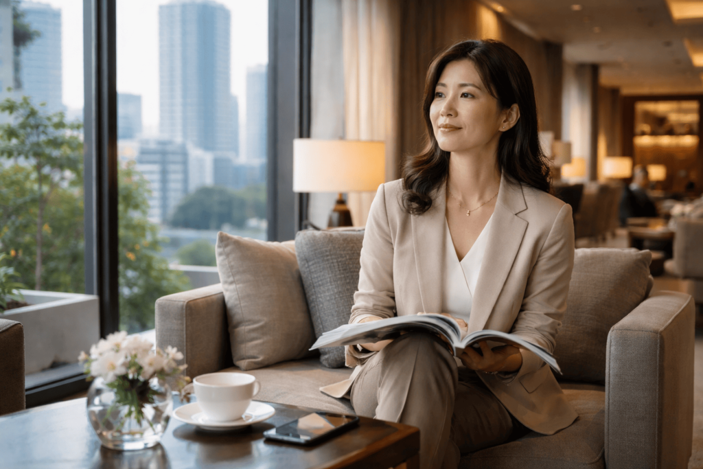 都心の高級マンション共用空間で暮らす女性を通じて高維持費の背景を表したイメージ