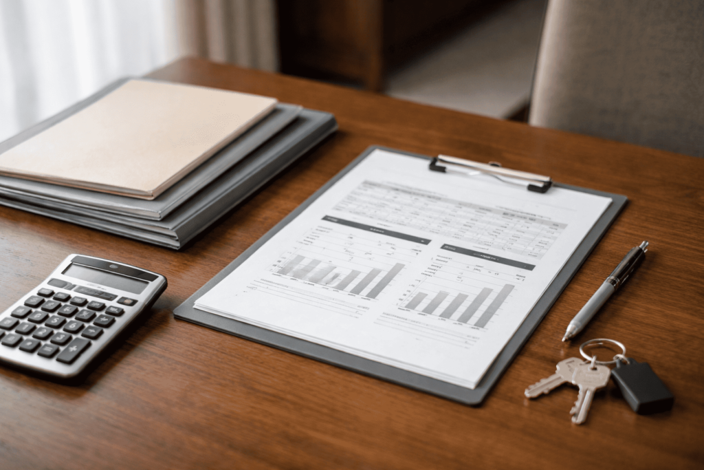 マンション維持費の相場比較を想起させる資料と鍵の実務的なイメージ