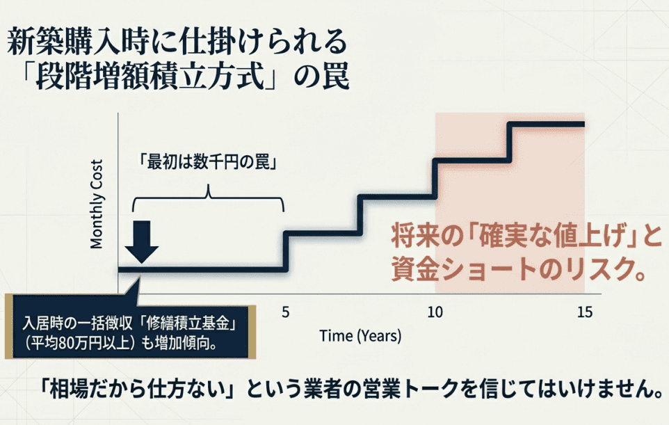 新築購入時に仕掛けられる段階増額積立方式の罠を解説する画像