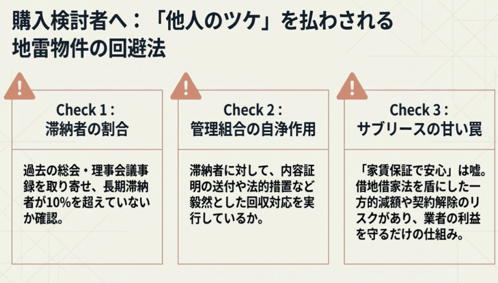 購入検討者へ「他人のツケ」を払わされる地雷物件の回避法。を解説する画像