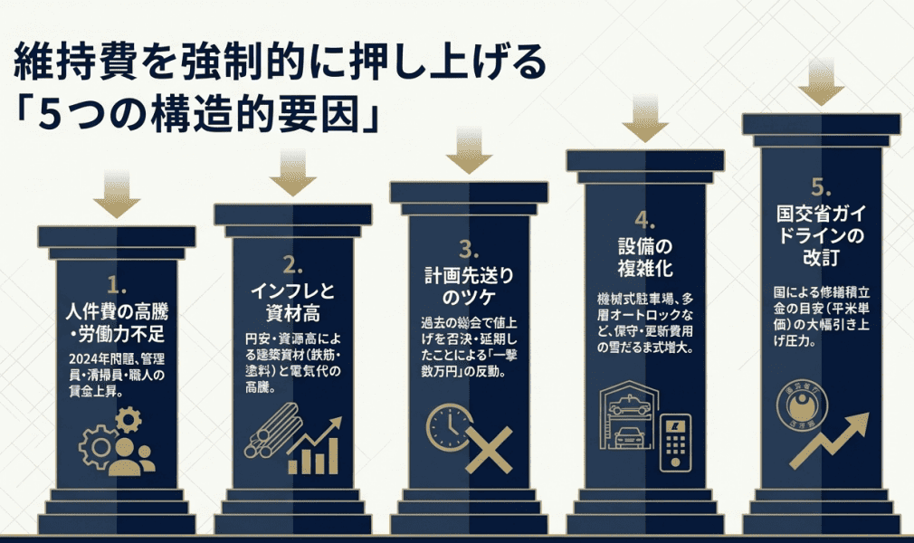 維持費を強制的に押し上げる「5つの構造的要因」を解説する画像
