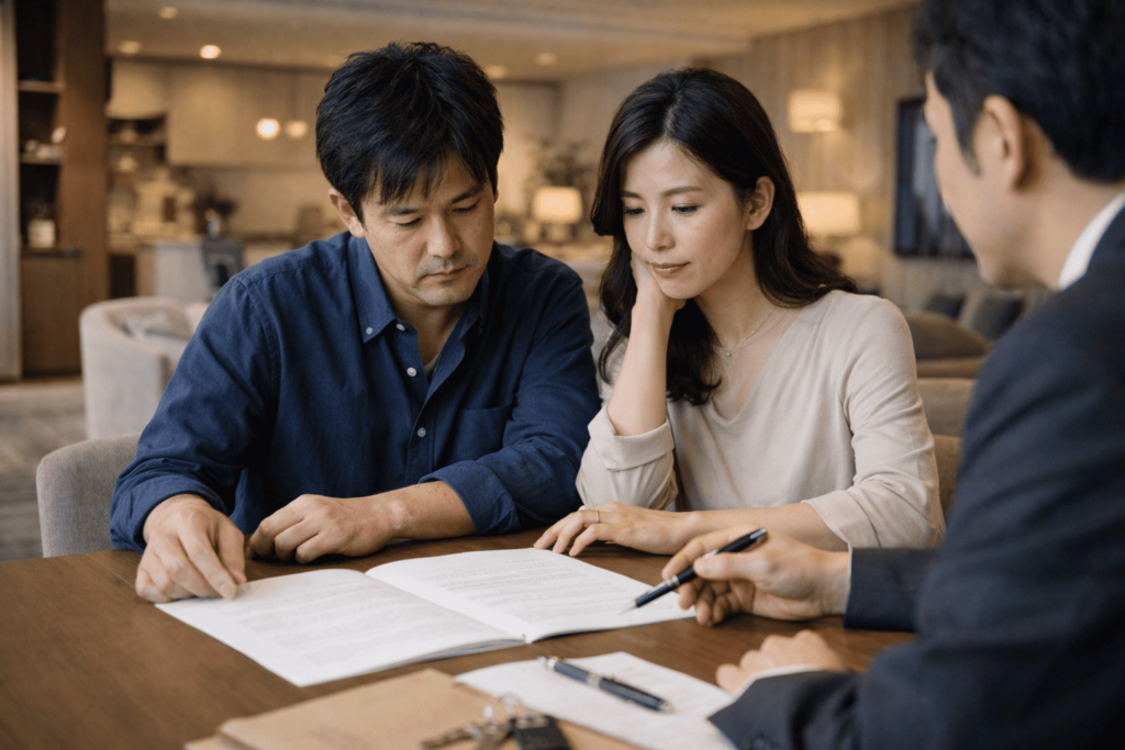 新築マンション購入時の将来コストを慎重に確認する男女のイメージ