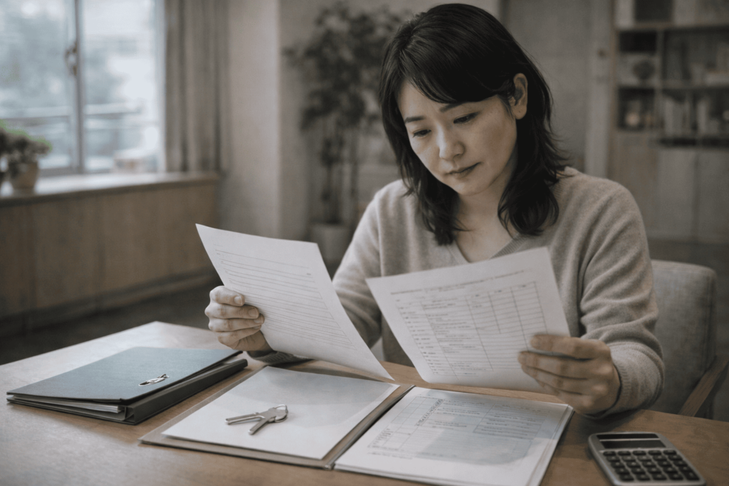 修繕履歴や資料を整理しながら、築古マンションの対策を前向きに検討する日本人女性の画像