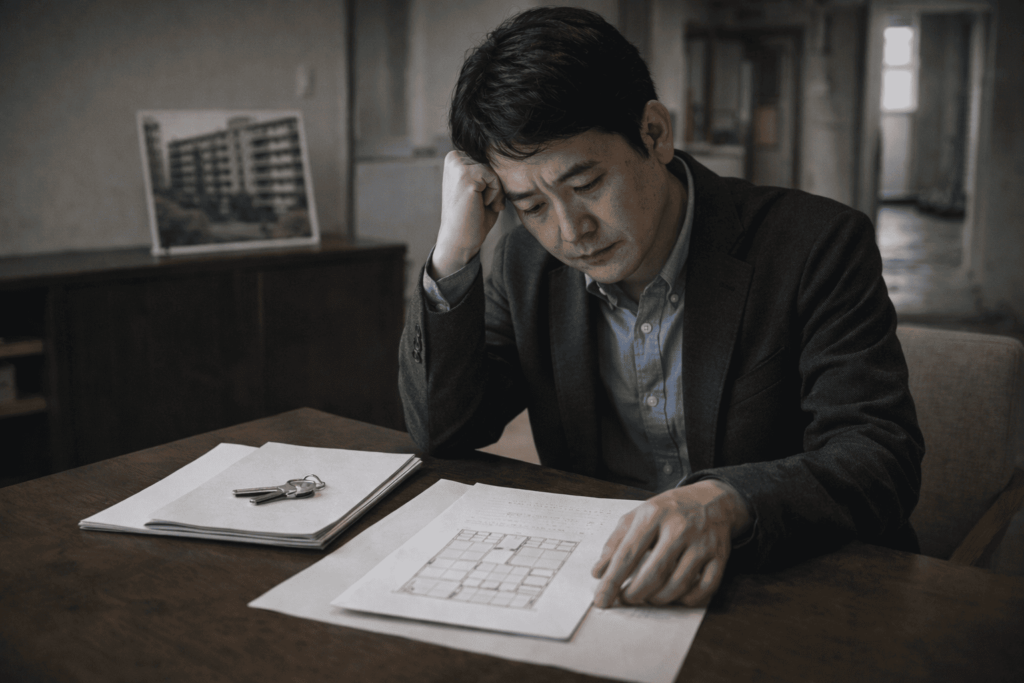 古い資料や鍵を前に、旧耐震や高額リフォームの壁を前に悩む日本人男性の様子