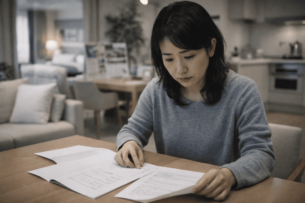 不動産販売資料を前に、将来負担の見えにくさに不安を覚える日本人女性の相談シーン