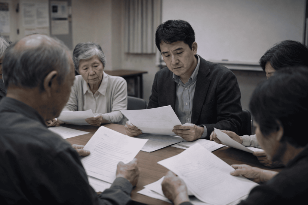 修繕積立金の値上げをめぐり、重い空気の中で話し合うマンション住民たちの様子