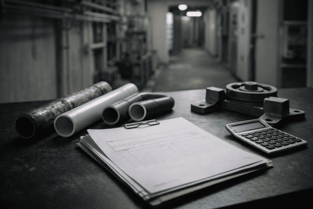 配管や書類、設備部材が並び、築40年前後のマンションで大規模修繕費が膨らむ現実を示す画像