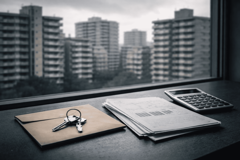 築年数の経過したマンションを背景に、鍵や書類、電卓が置かれ、修繕積立金の重圧と資産不安を象徴するアイキャッチ画像