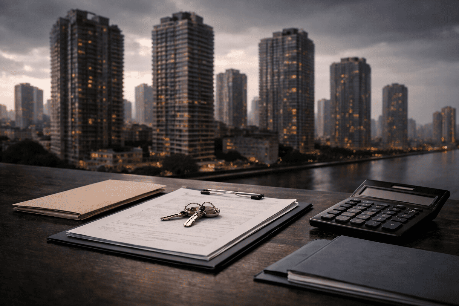 高層マンションの外観と鍵や資料で、将来の修繕積立金負担を暗示するイメージ