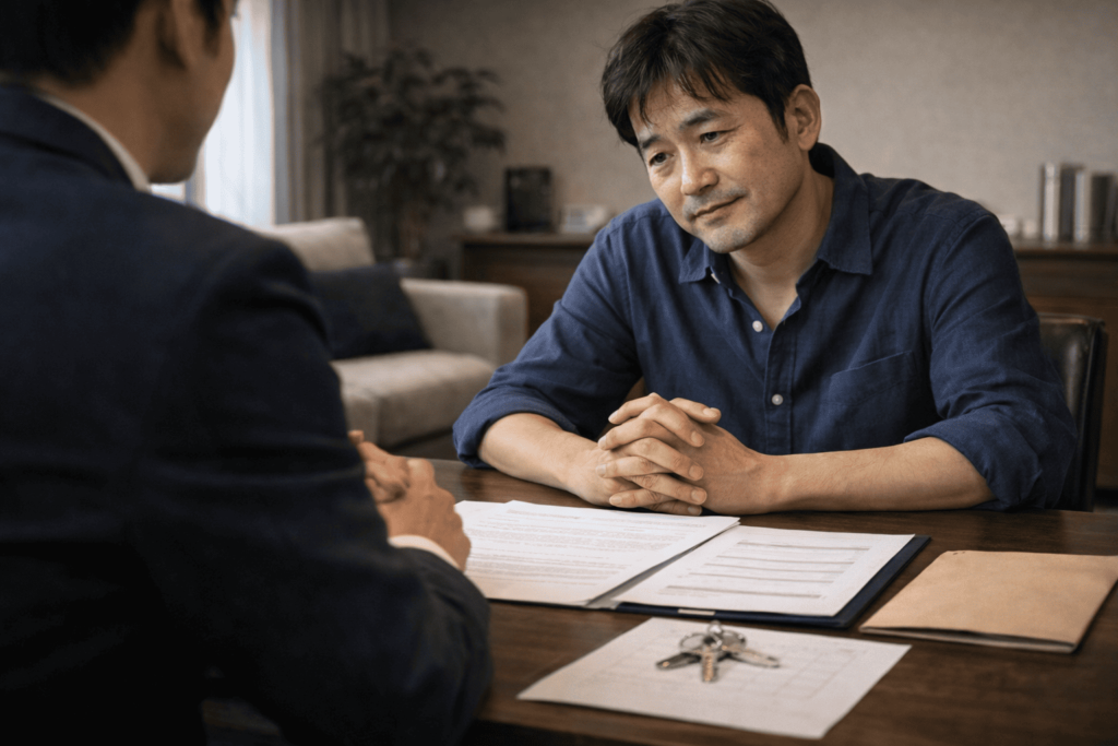 売却や生活再建を見据えて専門家と静かに相談する日本人男性