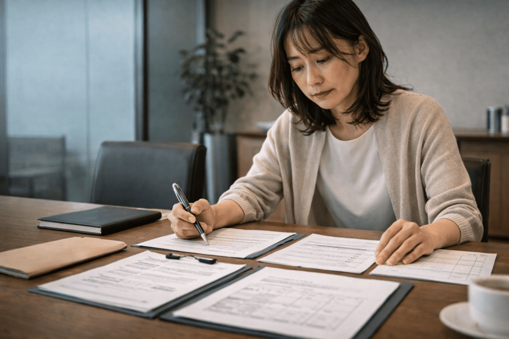 管理費見直しの資料を整理しながら冷静に対策を検討する日本人女性