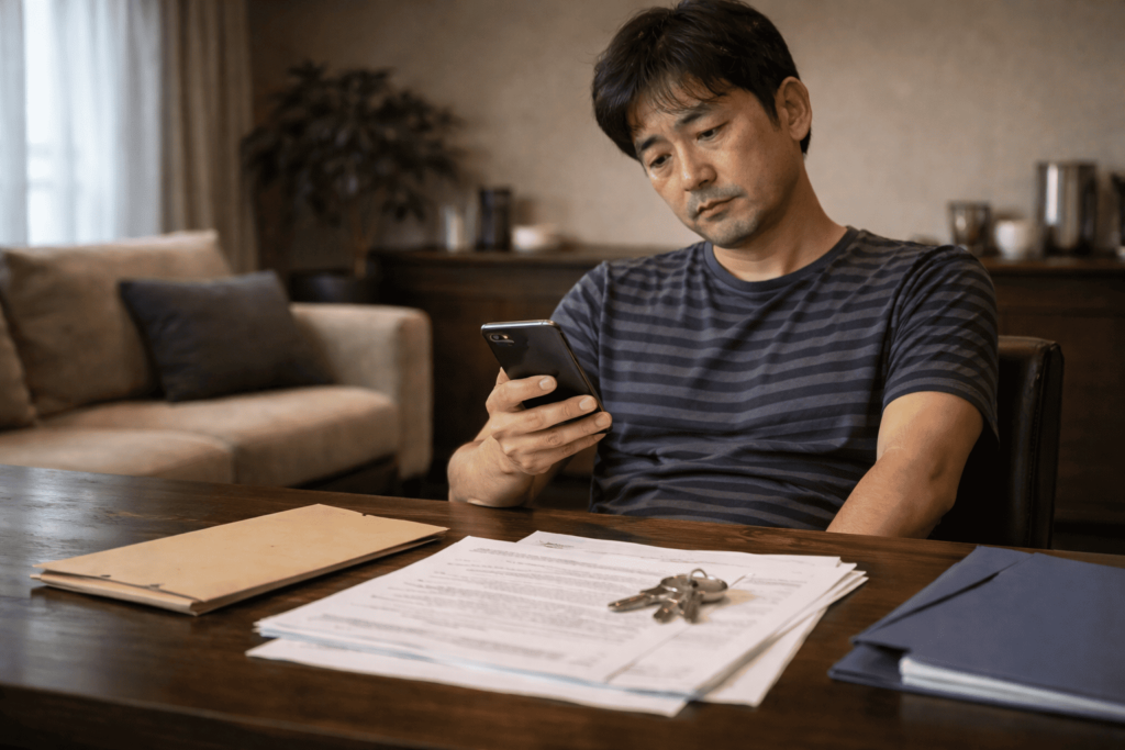 管理関連の書類を前にしながら十分に向き合えていない日本人男性のイメージ