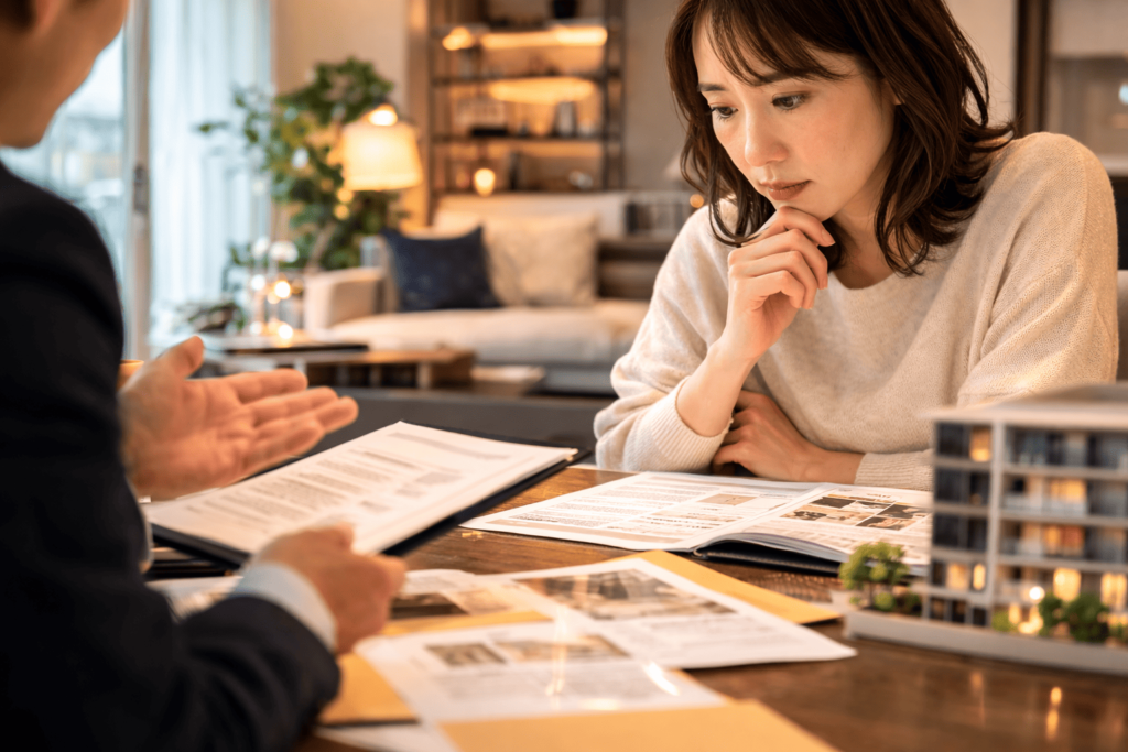 分譲時の説明資料を前に、表向きの条件の裏側に不安を感じる日本人女性