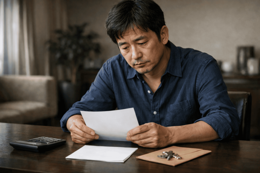 修繕積立金の増額負担に不安を抱え、書類と電卓を前に静かに考え込む日本人男性