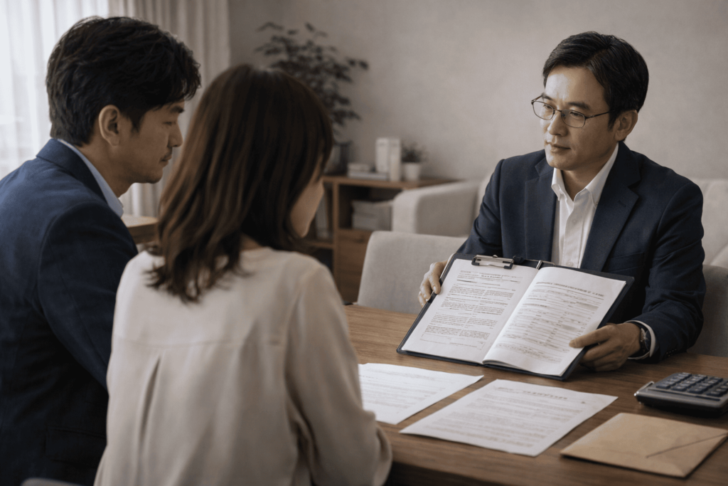 専門家と重要書類を確認しながら中古マンションの管理状況を見極める相談シーン