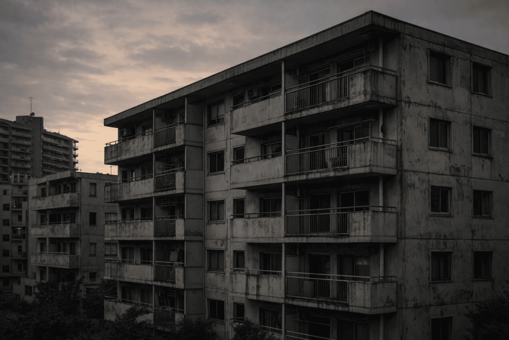 修繕不足による資産価値低下を想起させる築古マンション外観のイメージ