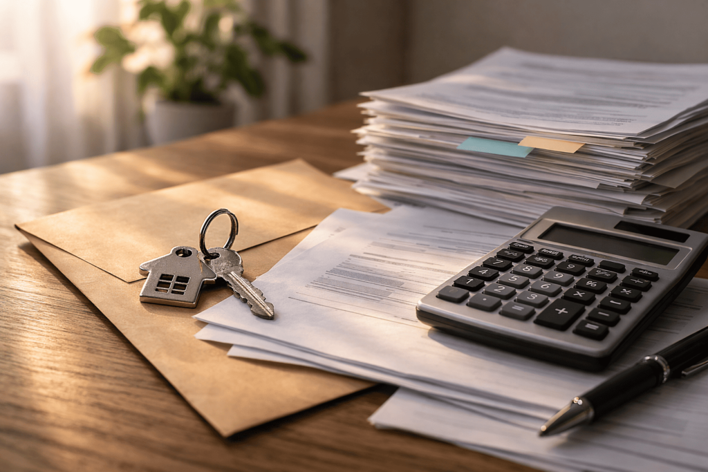 修繕積立金不足による追加徴収リスクを連想させる書類と鍵のイメージ
