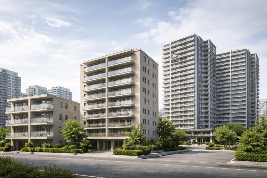 規模の異なる複数のマンションを比較できるように表現した外観イメージ