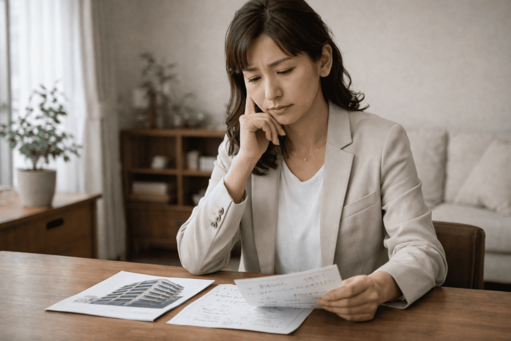 将来の修繕積立金の値上がりを意識しながら資料を見る日本人女性のイメージ
