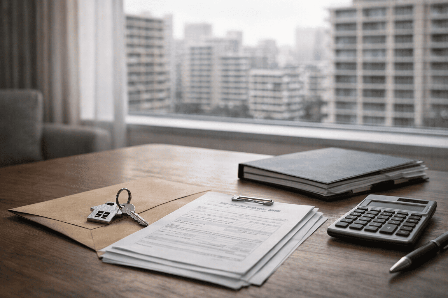 日本の静かな室内空間または落ち着いた都市型マンションの一室で、無地の住宅の鍵、封筒、無地の不動産関連書類、電卓、ファイルが整然と置かれている。