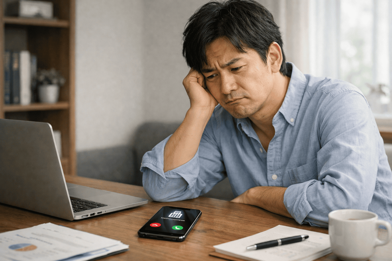 仕事中に迷惑な営業電話の着信を見て困惑する日本人男性の様子