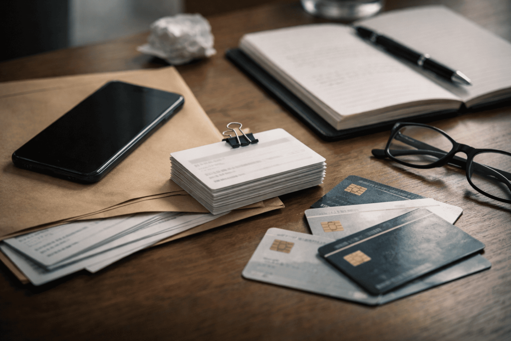 スマートフォンや名刺、カード類が置かれ個人情報流通の不安を想起させるデスク風景
