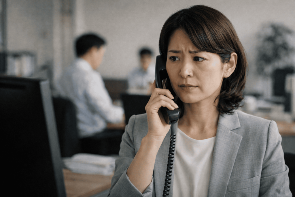 職場で迷惑な営業電話に対応しながら周囲を気にする日本人女性