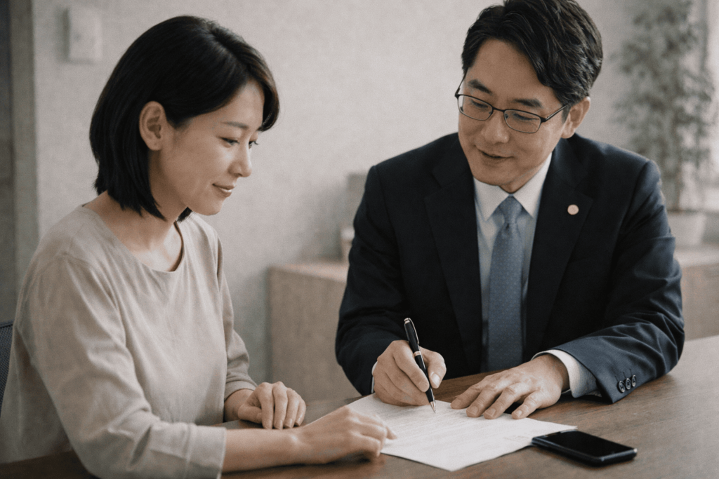 書類とスマートフォンを前に専門家へ落ち着いて相談する日本人女性