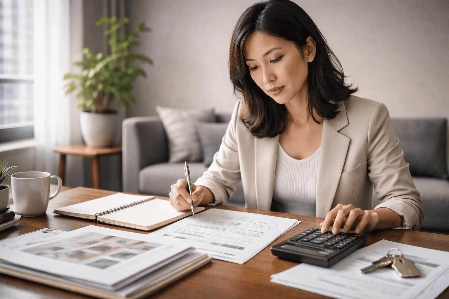 資料と電卓を使って不動産投資の収支を慎重に確認する日本人女性の分析シーン