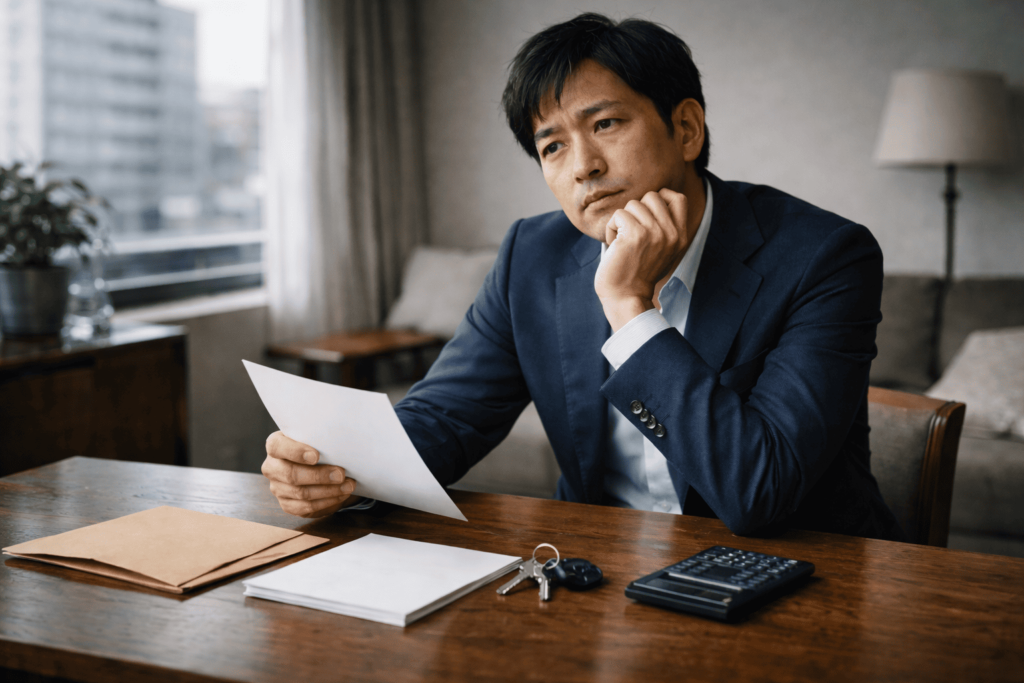 日本の静かな室内、または落ち着いた都市型マンションの一室で、30代後半〜40代の日本人男性会社員が、無地の資料、住宅の鍵、封筒、電卓を前に一人で座っている。