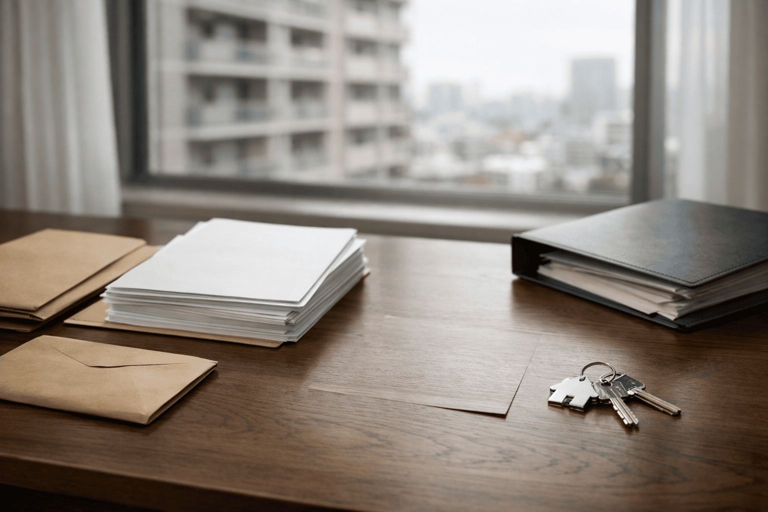契約書類と鍵が置かれた机上で、重要書類の欠落による不安を表現した不動産トラブルのイメージ