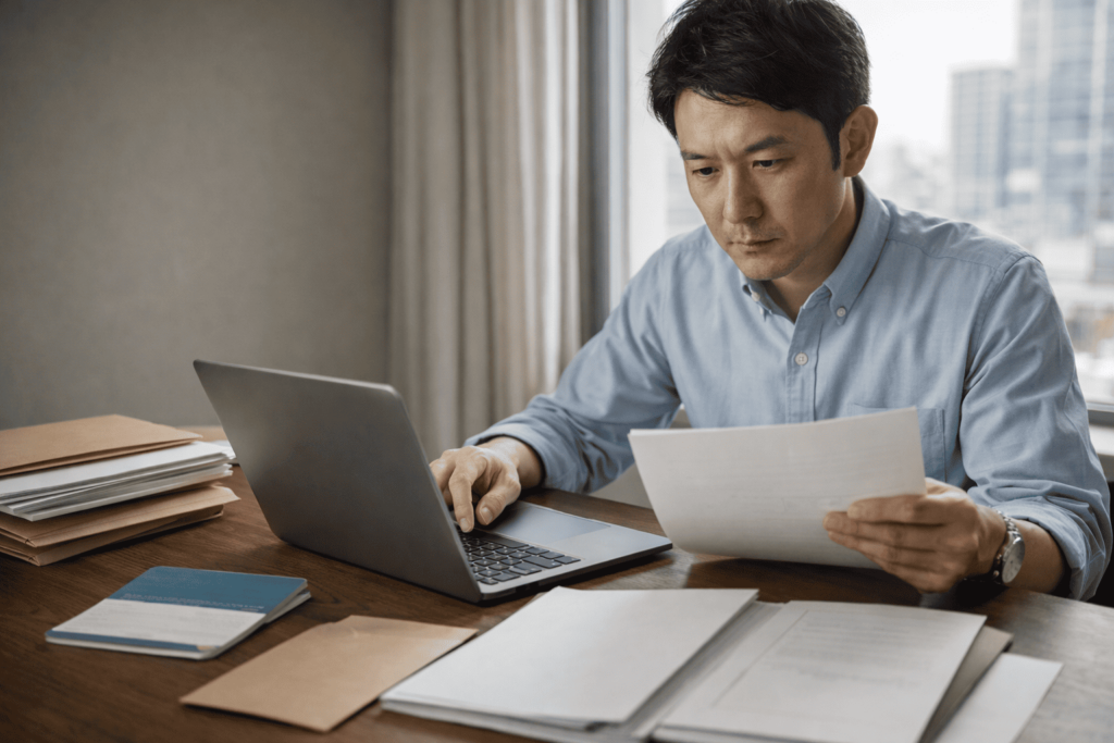 日本人男性オーナーが書類やPCを確認しながら契約書の手がかりを探している様子