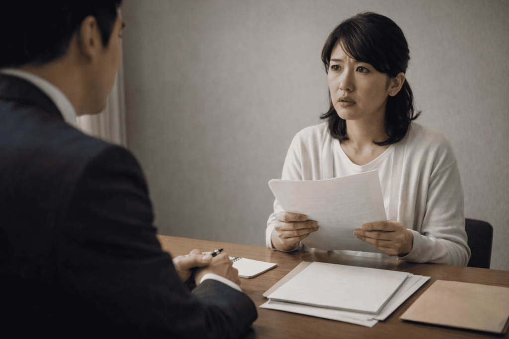 契約書未交付の重大さについて専門家と相談する日本人女性オーナーのイメージ