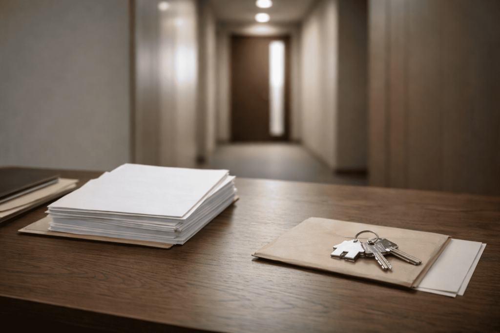 契約書類と鍵の向こうに見えない壁を感じさせる、解約の難しさを象徴したイメージ