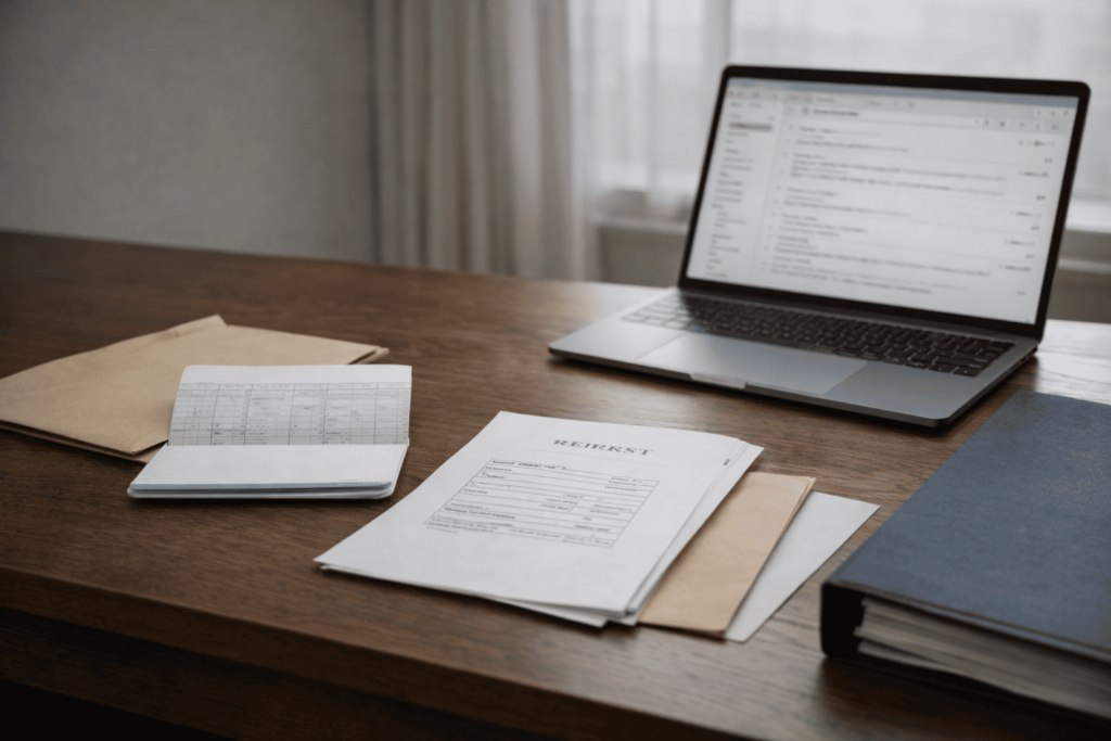 通帳やメール画面、請求書などを整理して契約の痕跡を集める証拠収集のイメージ