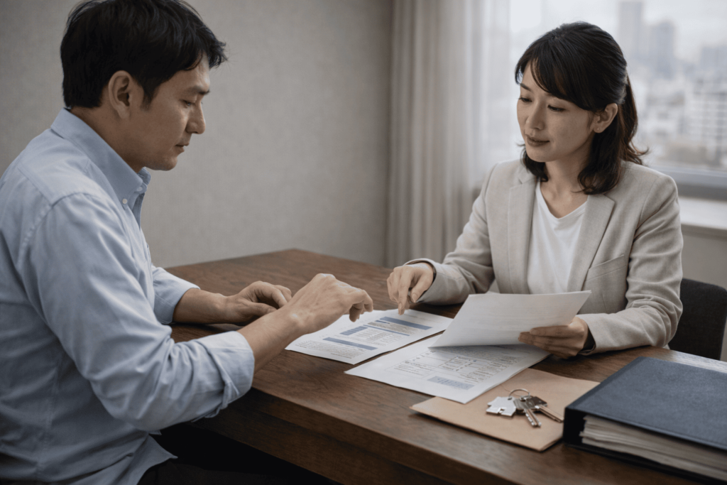 日本人男性オーナーが女性専門家と出口戦略や安全な解約について相談している様子