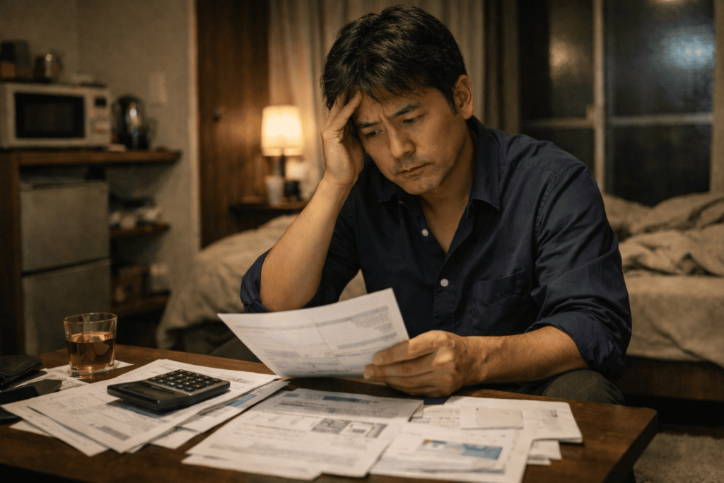 ワンルームマンション投資の書類を前に不安そうに考え込む日本人男性