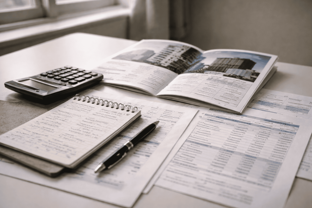 不動産パンフレットと収支メモが並び表面利回りの落とし穴を示す机上イメージ