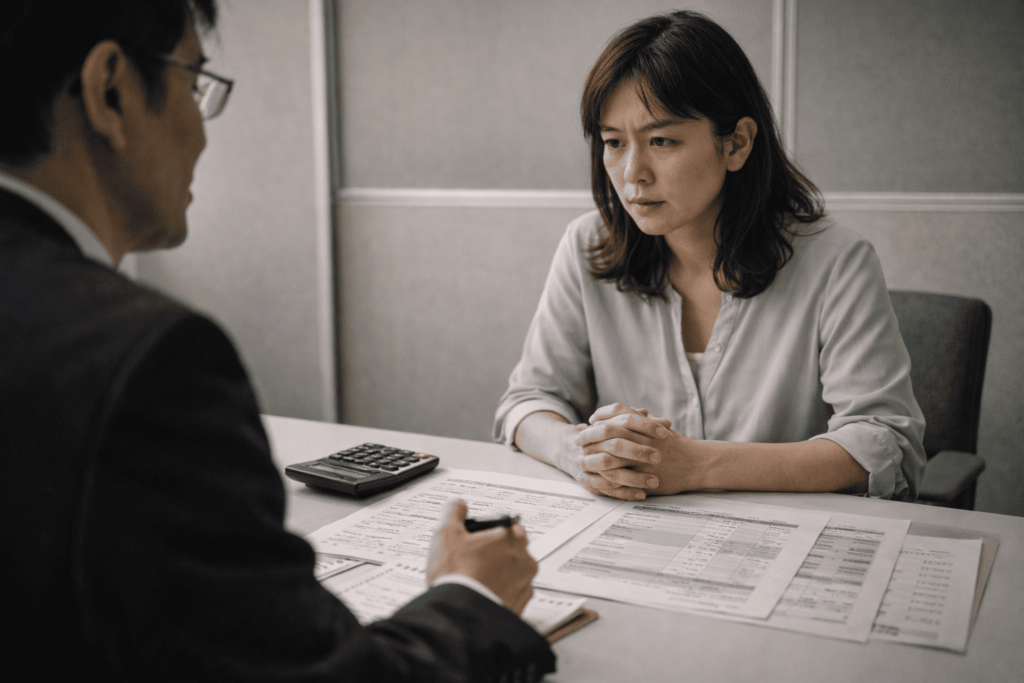 中立的な専門家にワンルーム投資の出口戦略を相談する日本人女性
