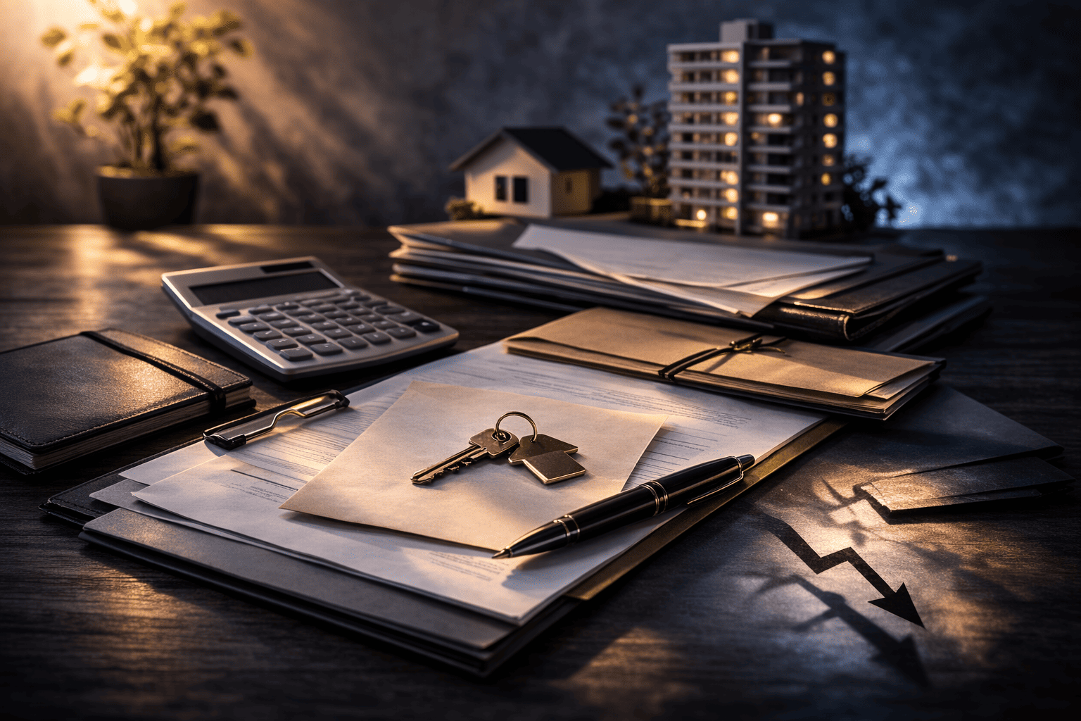 ワンルームマンション投資に潜む複合的なリスクを象徴する書類、鍵、電卓のアイキャッチ画像