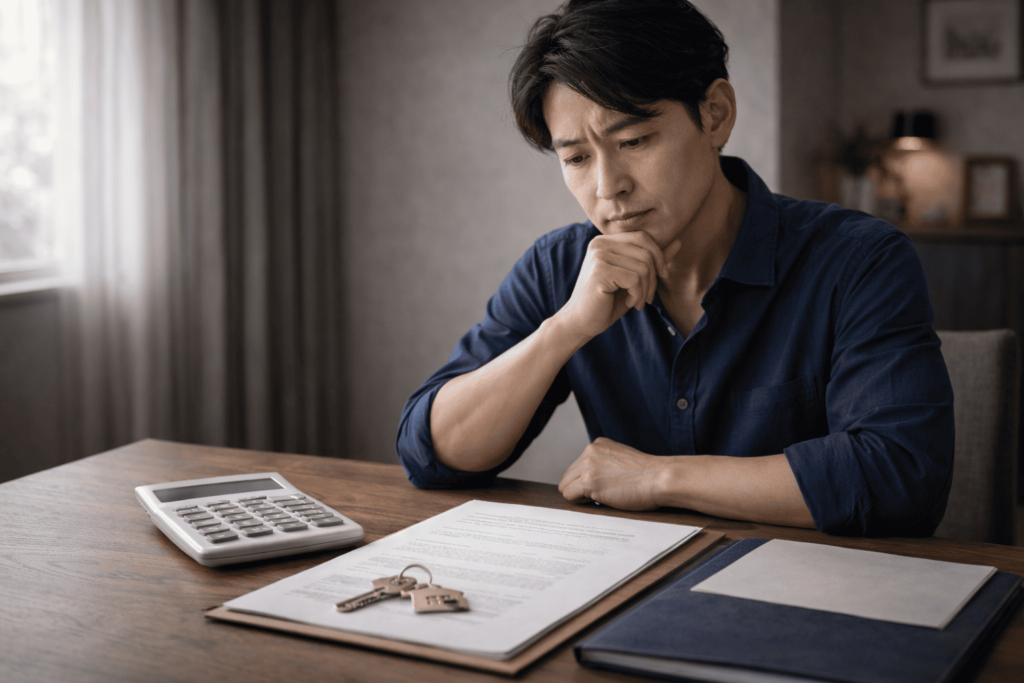 売却査定資料と鍵を前に、出口戦略を真剣に考える日本人男性のイメージ