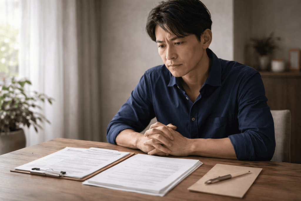 団信審査の厳しさに向き合い、健康状態と申込書類を前に考え込む日本人男性のイメージ